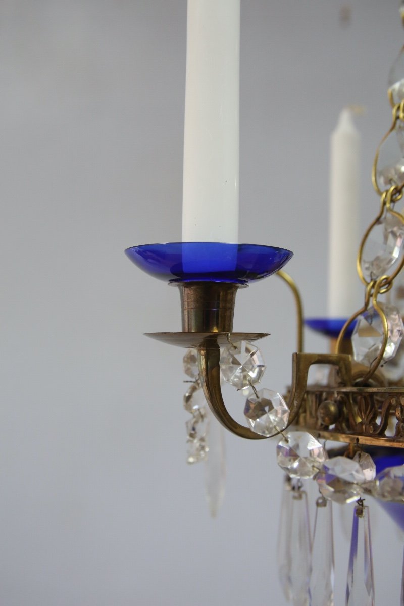 Lustre en bronze, verre taillé et verre bleu cobalt de style Gustavien, Suède -photo-3