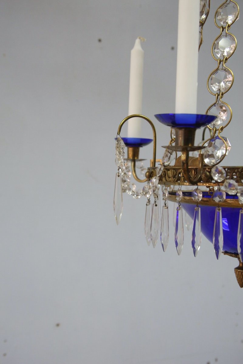 Chandelier In Bronze, Cut Glass And Cobalt Blue Glass In The Gustavian Style, Sweden-photo-4