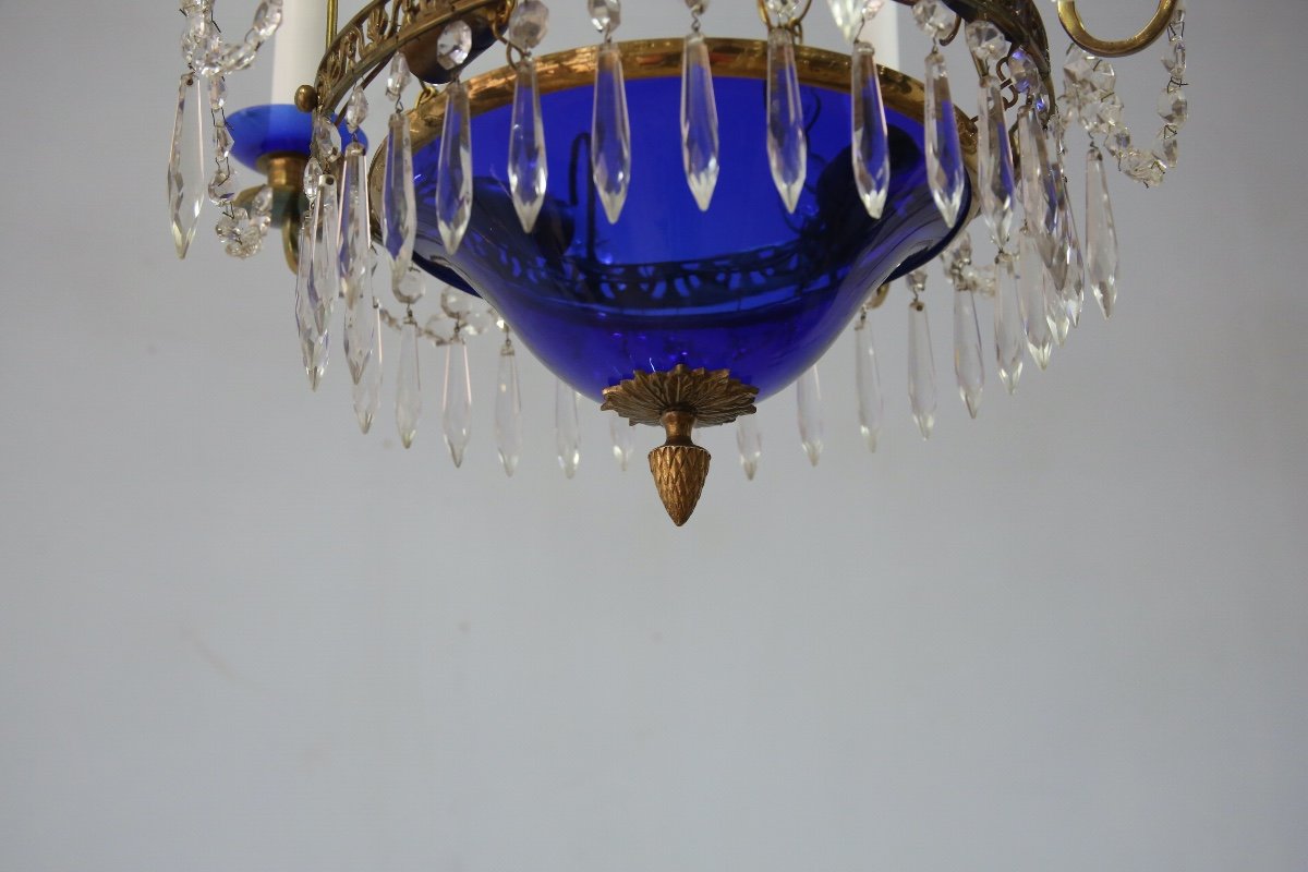 Chandelier In Bronze, Cut Glass And Cobalt Blue Glass In The Gustavian Style, Sweden-photo-3