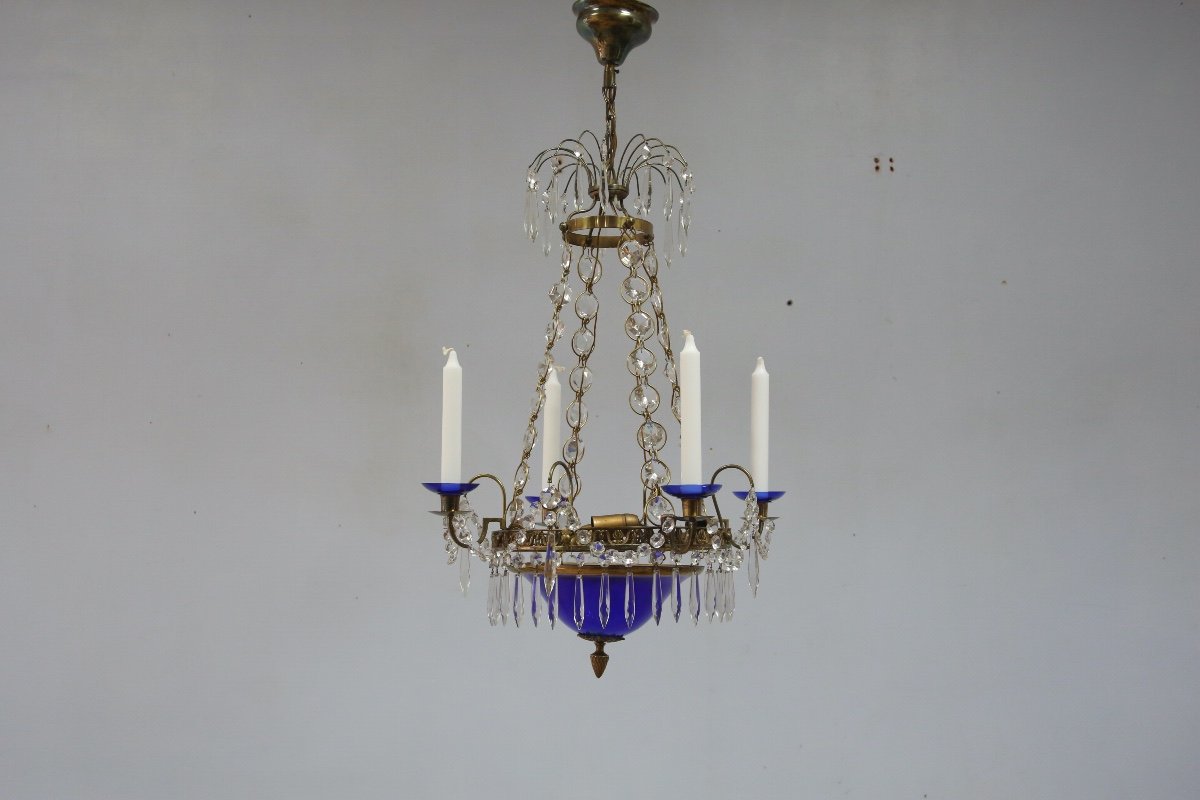 Lustre en bronze, verre taillé et verre bleu cobalt de style Gustavien, Suède 