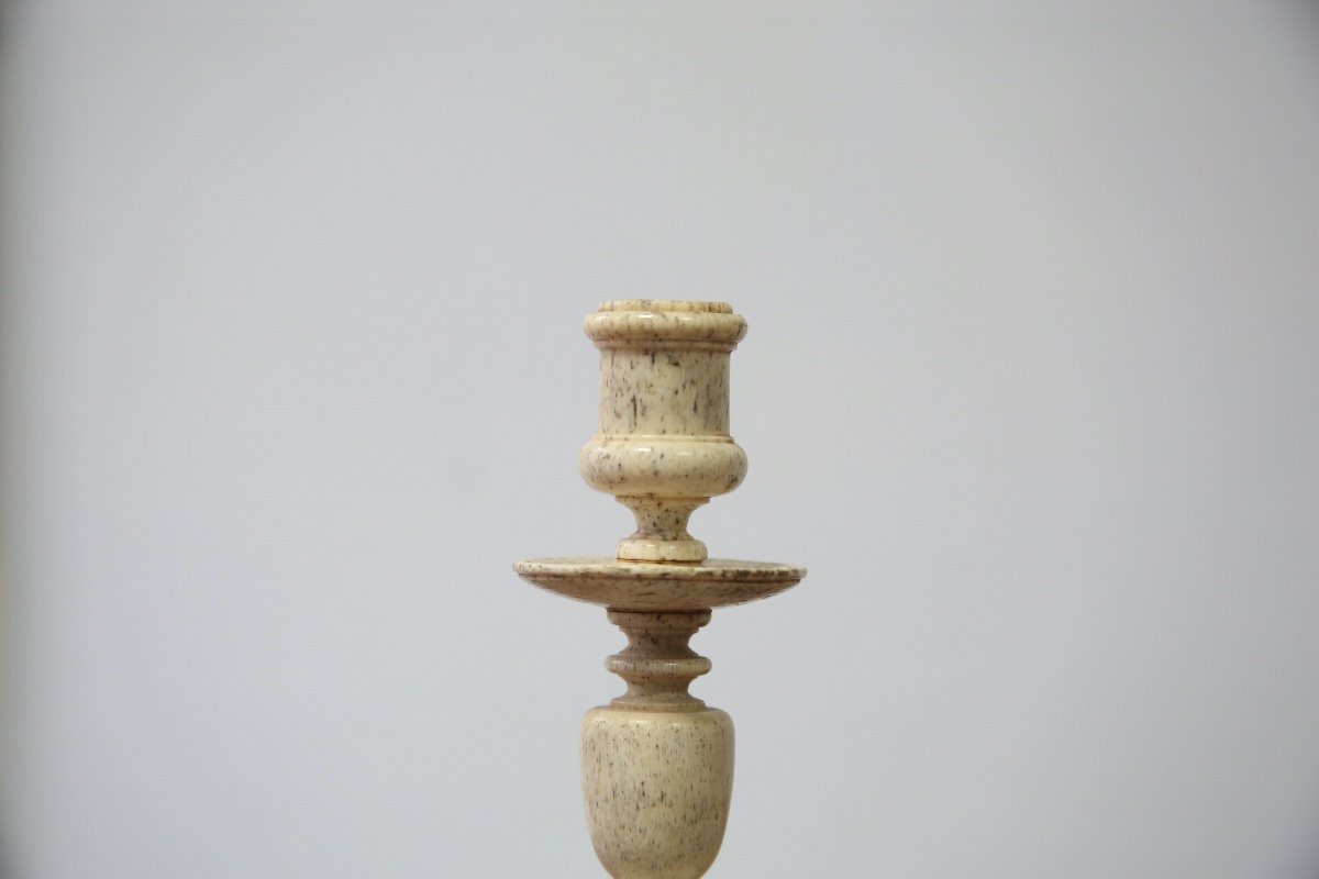 Pair Of Small Candlesticks In Turned Bone, 19th Century-photo-1