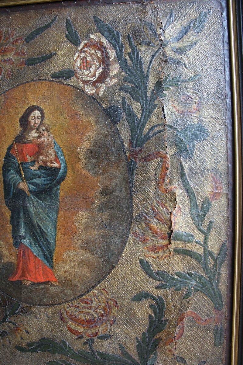 Cuir doré "Cuir de Cordoue" Vierge à l'Enfant, XVIII ème siècle-photo-4