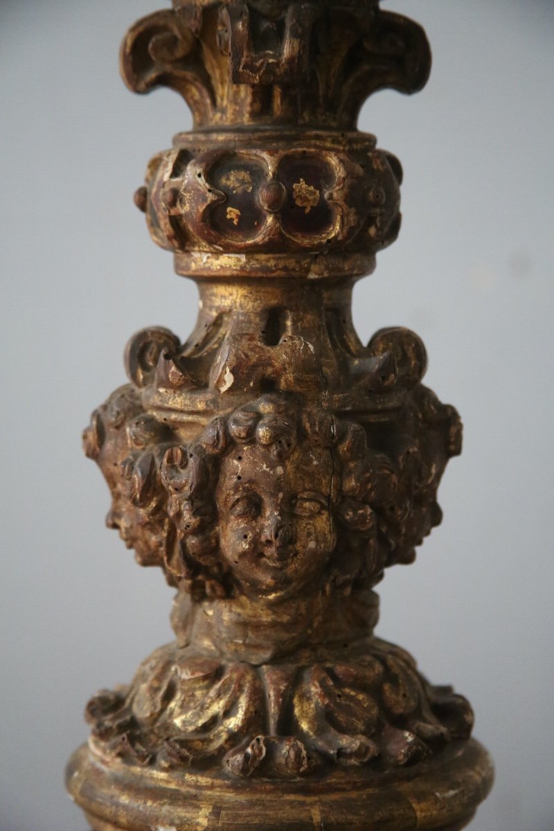 Carved, Gilded And Painted Wooden Candle Holder, 17th Century Spanish Work-photo-4