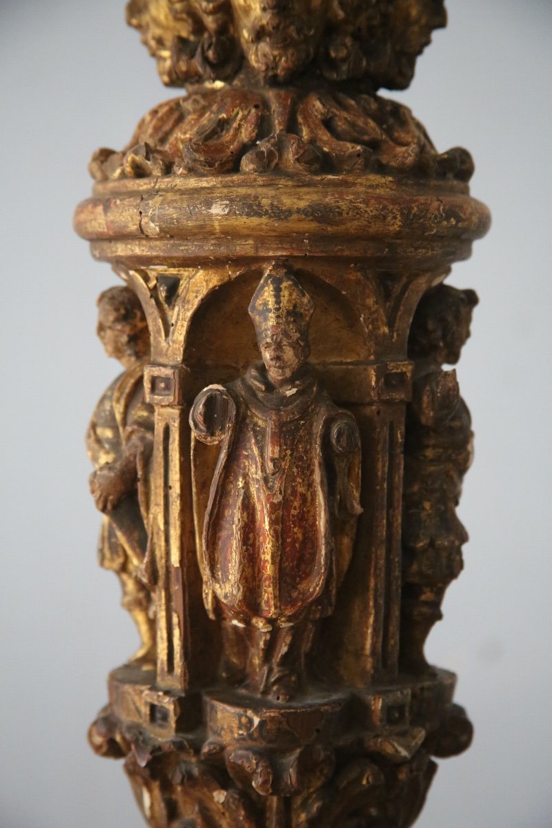 Carved, Gilded And Painted Wooden Candle Holder, 17th Century Spanish Work-photo-1