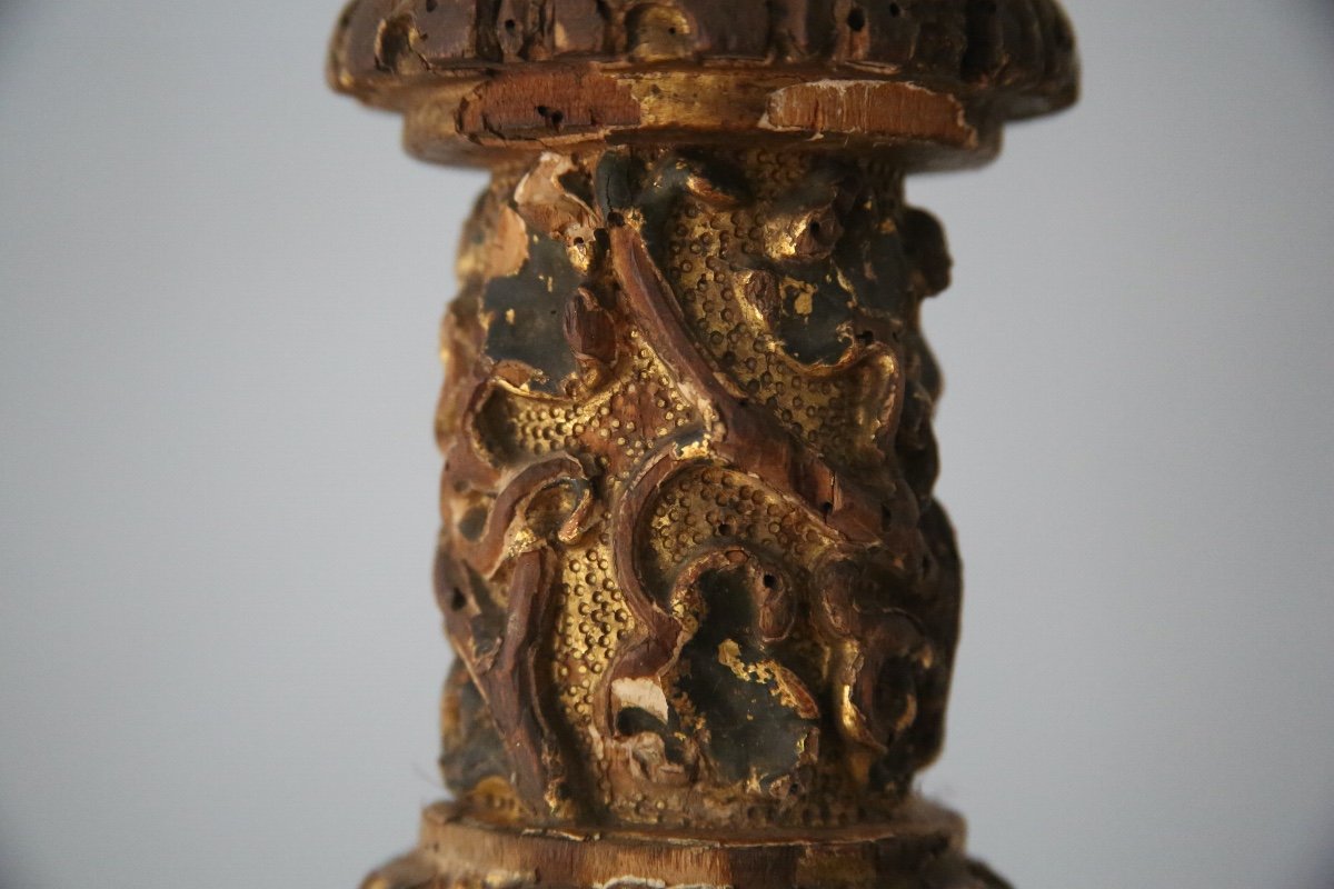 Carved, Gilded And Painted Wooden Candle Holder, 17th Century Spanish Work-photo-2