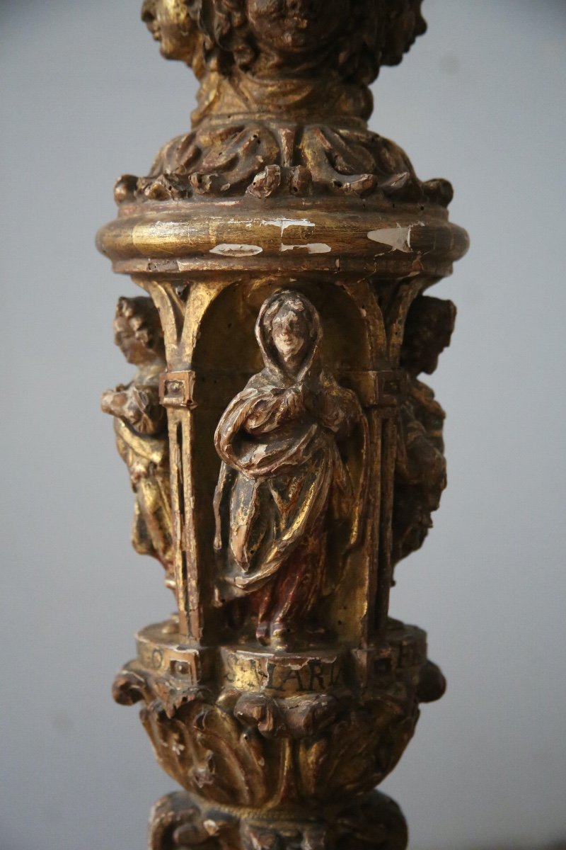 Carved, Gilded And Painted Wooden Candle Holder, 17th Century Spanish Work-photo-5