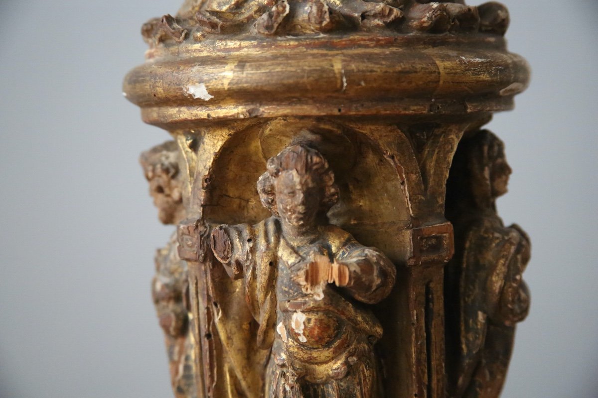 Carved, Gilded And Painted Wooden Candle Holder, 17th Century Spanish Work-photo-6