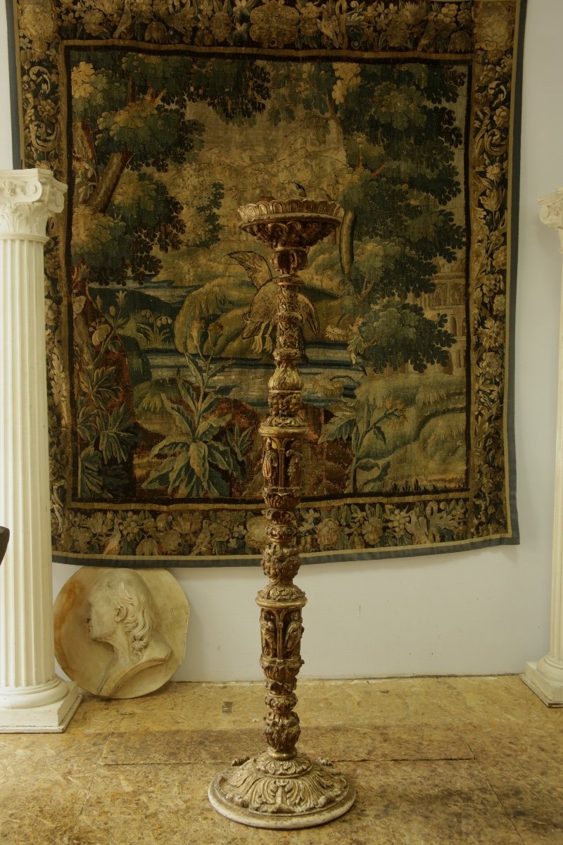 Carved, Gilded And Painted Wooden Candle Holder, 17th Century Spanish Work