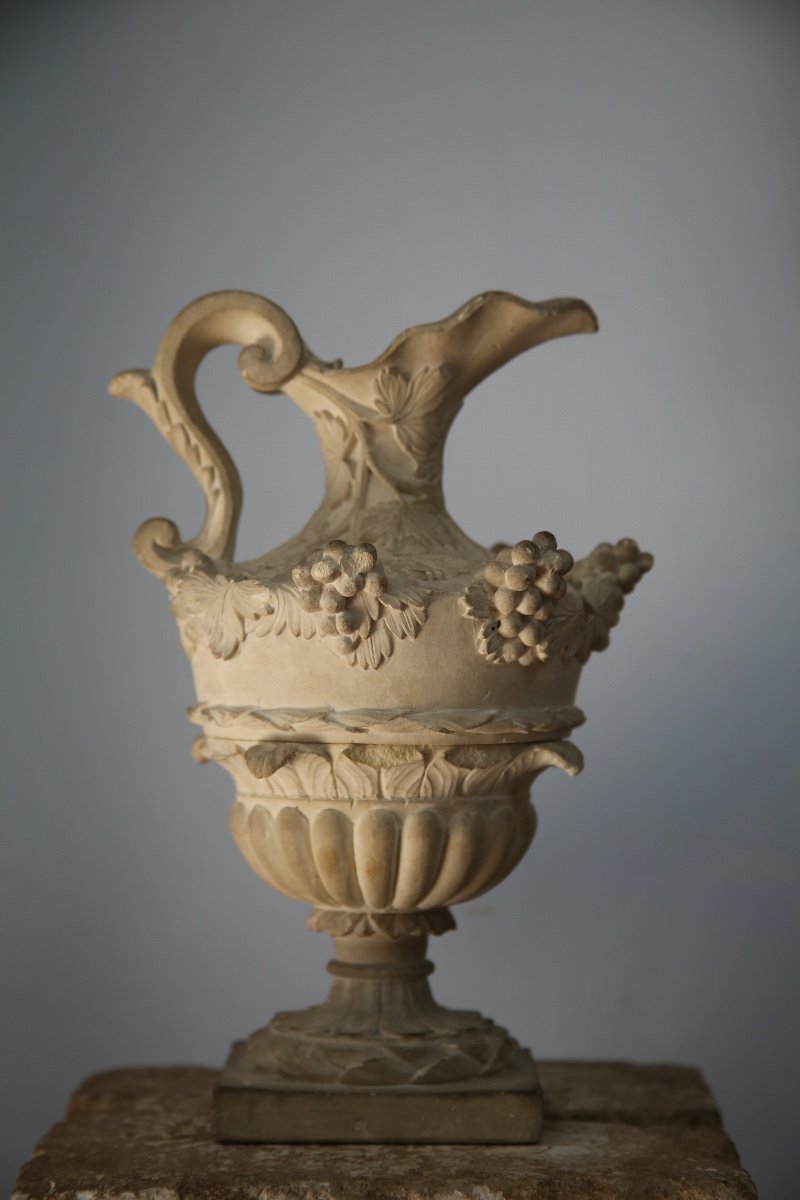 Finely Carved Limestone Ewer Decorated With Vine Branches, 19th Century-photo-2