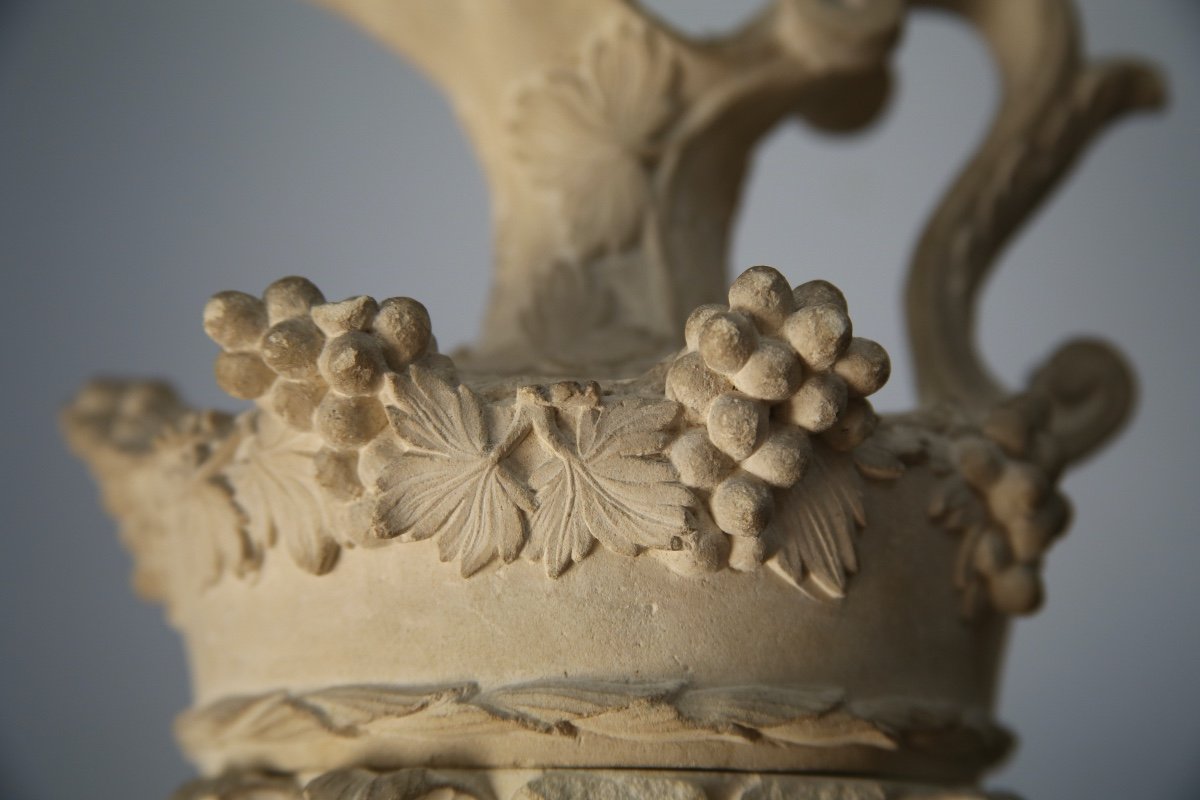 Finely Carved Limestone Ewer Decorated With Vine Branches, 19th Century-photo-2