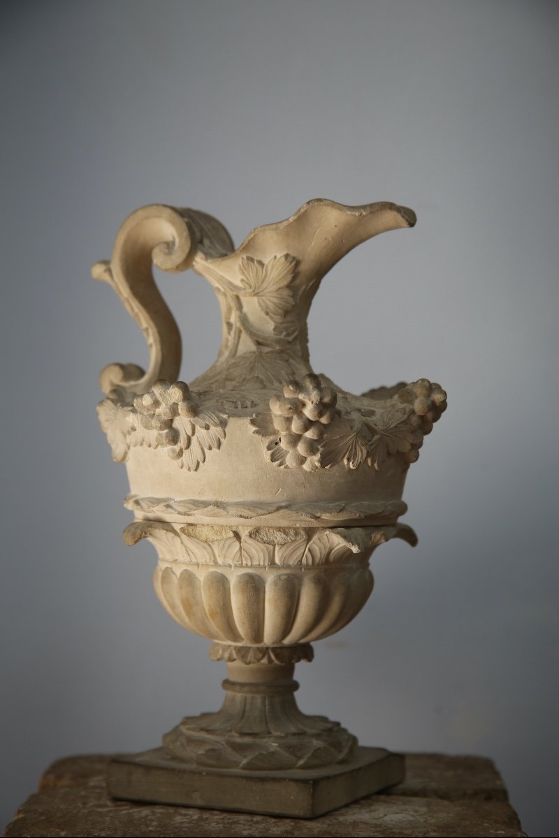Finely Carved Limestone Ewer Decorated With Vine Branches, 19th Century