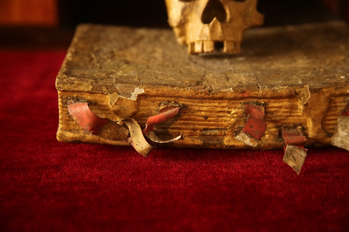  Vanité au livre, memento mori, bois sculpté,  XVIIes -photo-1