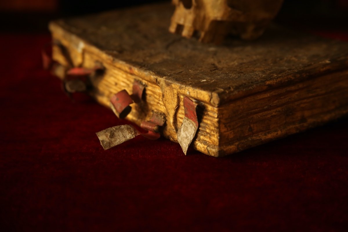  Vanité au livre, memento mori, bois sculpté,  XVIIes -photo-7