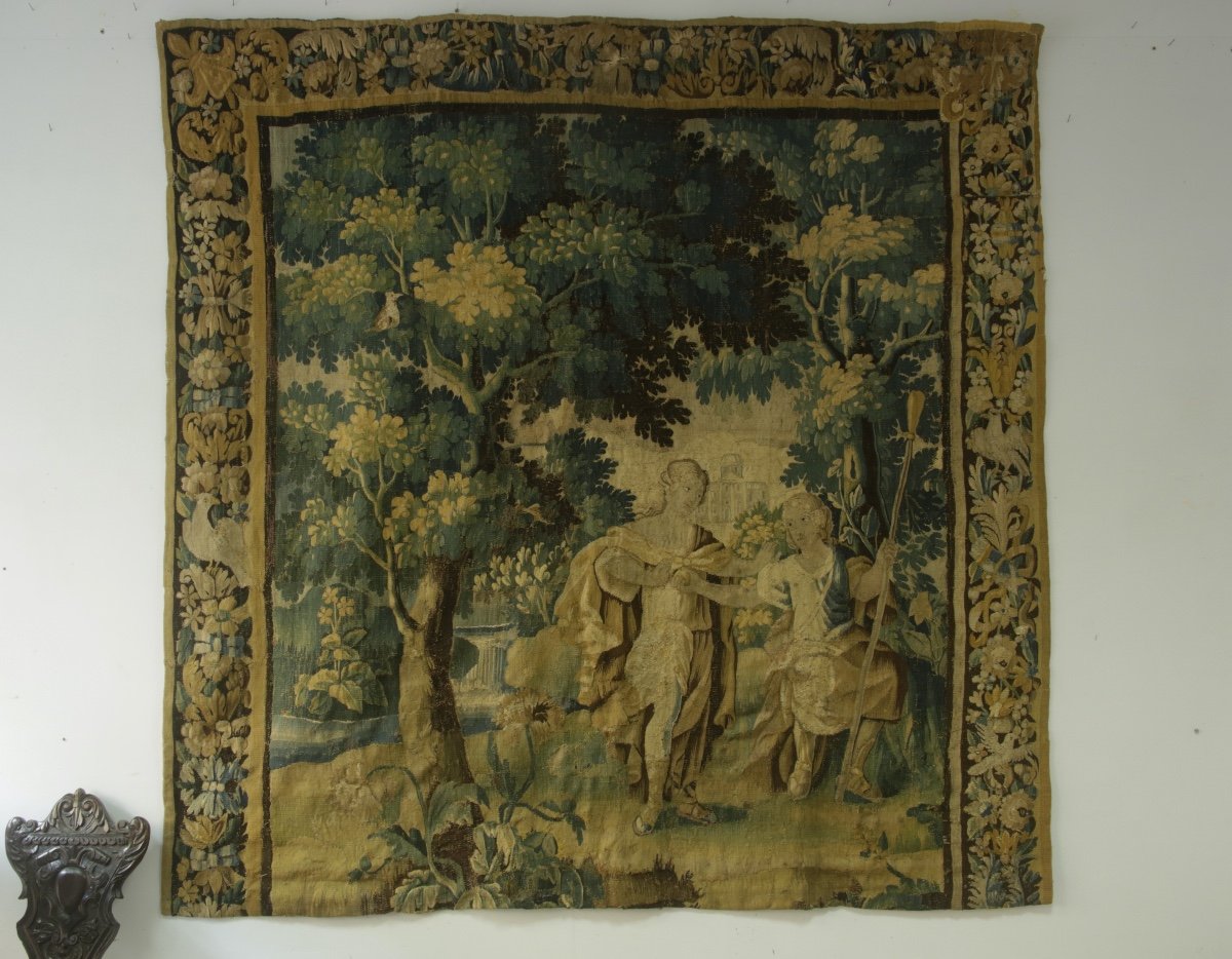 Aubusson Tapestry, “greenery” With Paris And Aphrodite, Early 18th Century.