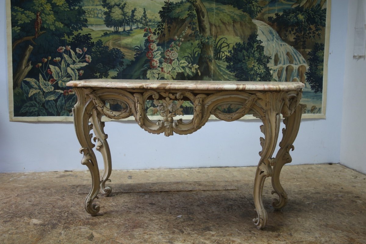 -large Console In Carved And Cream-colored Basswood From The Louis XV Period-photo-1