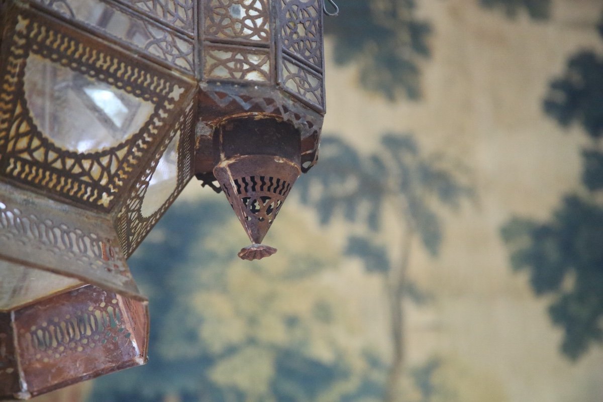 Important Lantern In Openwork Metal And Glass, North Africa-photo-4