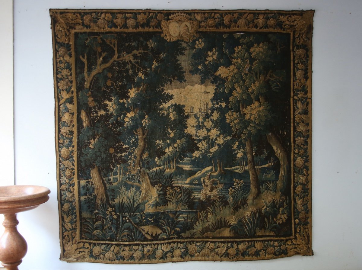 Aubusson Tapestry, Greenery With Coat Of Arms, 18th Century.