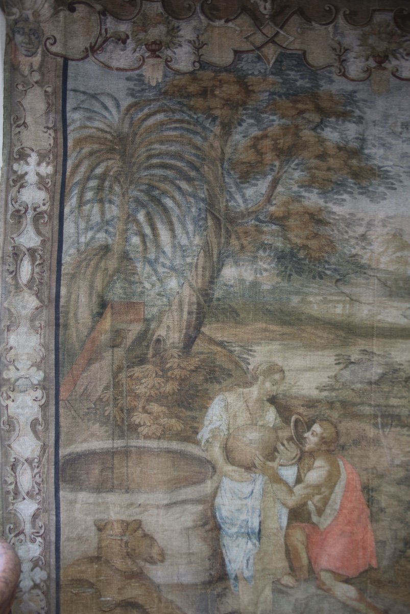 Grande toile peinte du XVIIIe, " halte d'une caravane à un puits"-photo-3