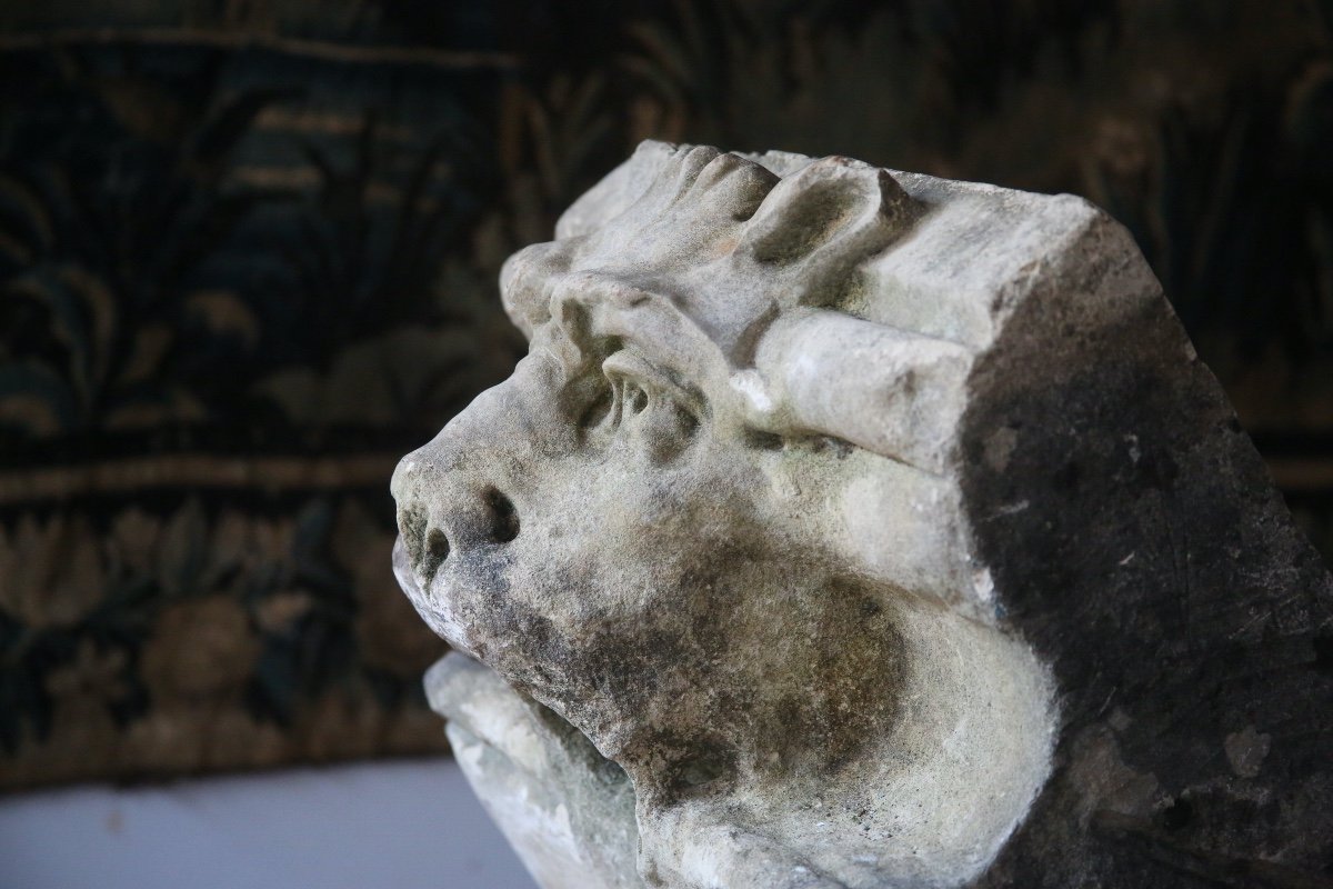 Masque de fontaine, mascaron félin en pierre XVIIIes-photo-2