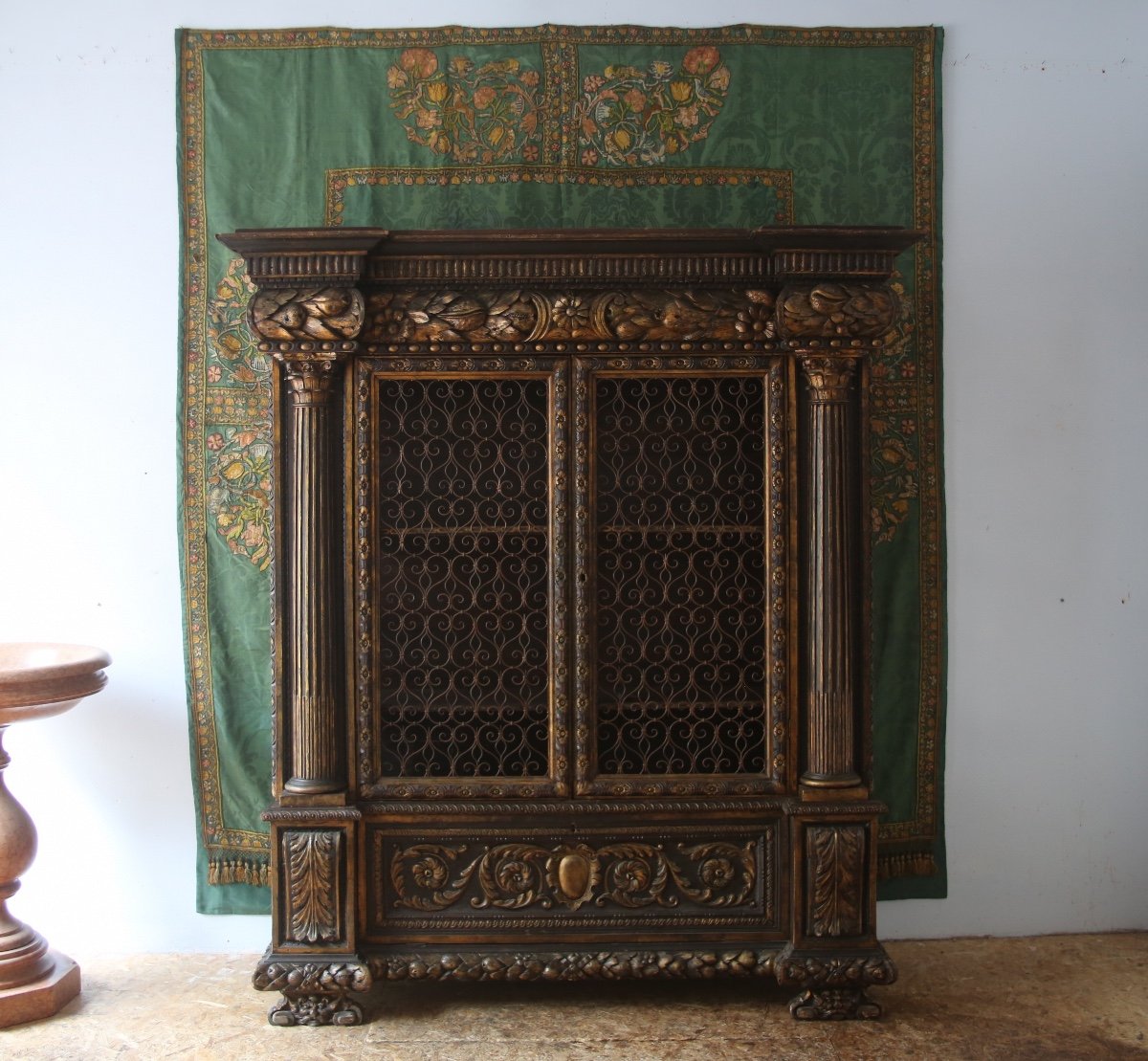 Large Mesh Cabinet, Richly Carved And Gilded, Baroque Style, Italy 20th Century