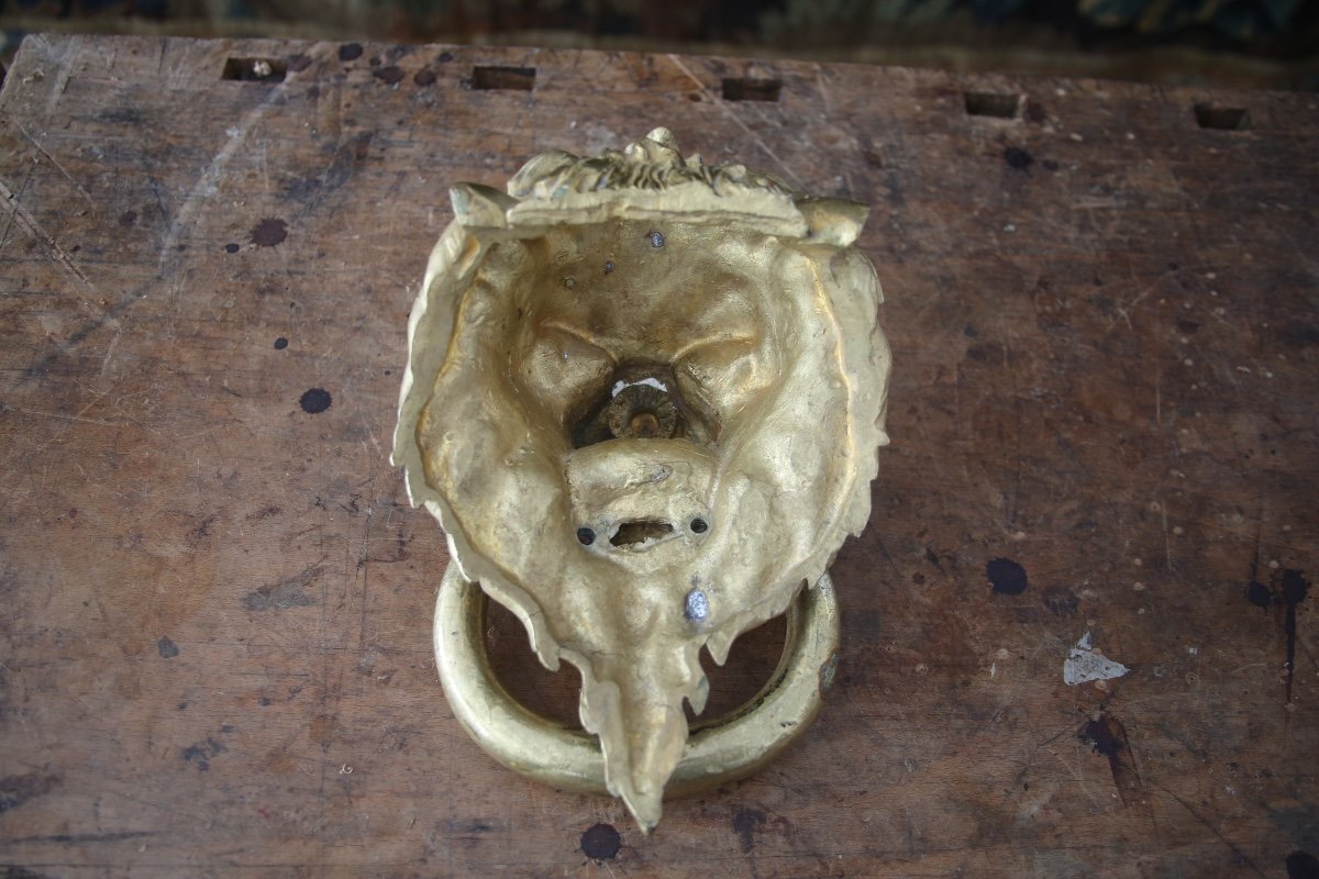 Gilt Bronze Knocker With Lion's Head, Work From The 20th C.-photo-1