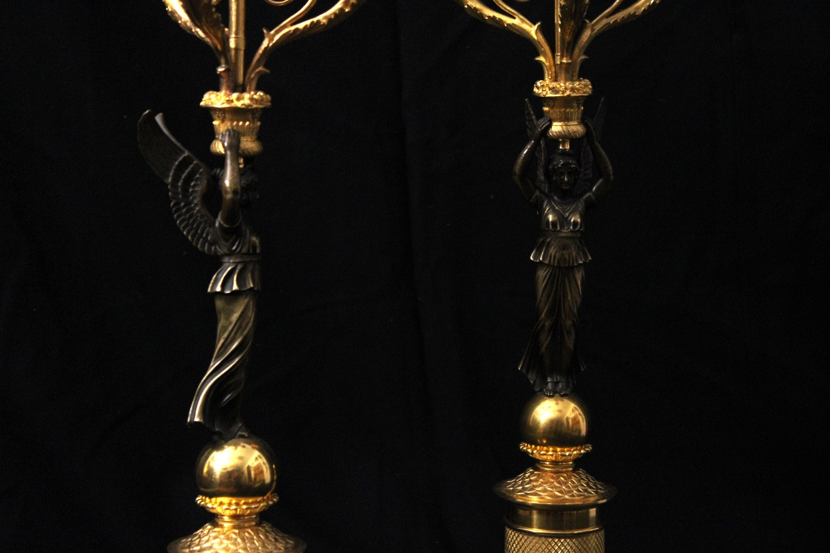  Pair Of Patinated And Gilded Bronze Candelabra, With Three Lights, Restoration Period, 19th Century -photo-2