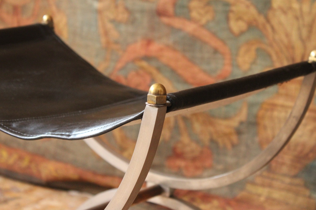 Curule Stool Seat In Polished Wrought Iron With Brass Ornamentation, 20th Century-photo-2
