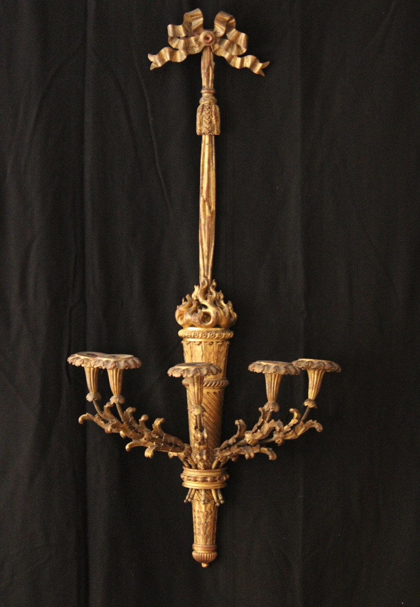 Important Pair Of Five-light Giltwood Sconces, 19th Century-photo-1
