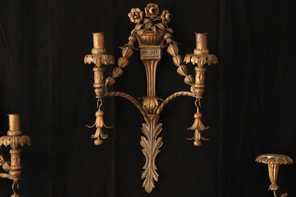  Pair Of Wall Lights With Flower Decoration In Gilded Wrought Iron, Italy, Late 18th Century-photo-2