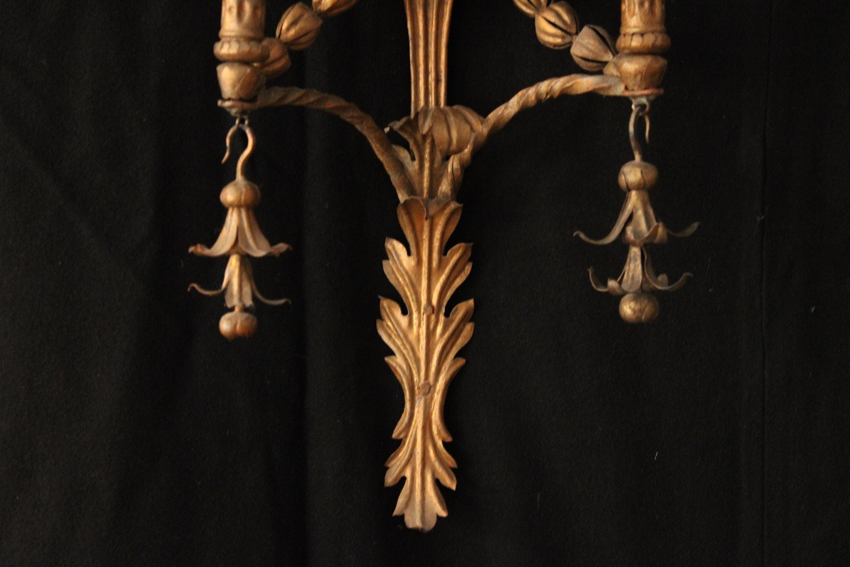  Pair Of Wall Lights With Flower Decoration In Gilded Wrought Iron, Italy, Late 18th Century-photo-3