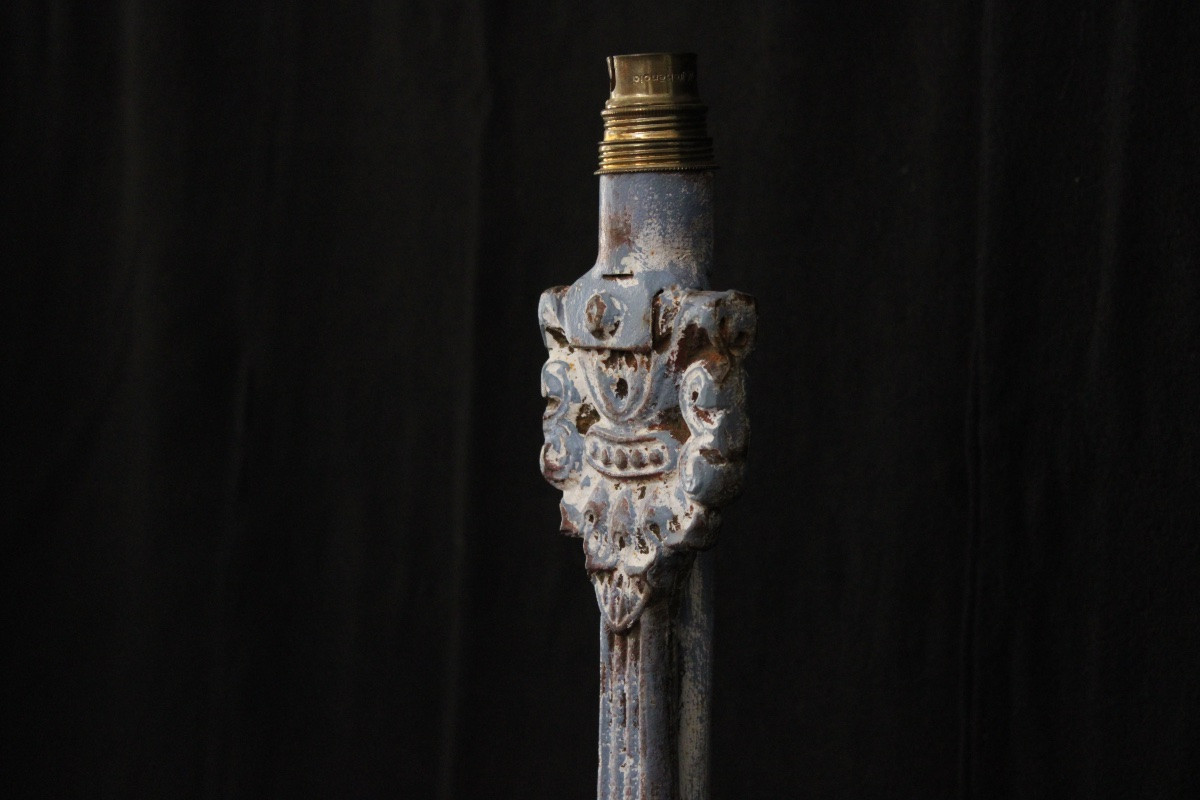 Pair Of Blue And White Lacquered Cast Iron Lamp Bases-photo-1