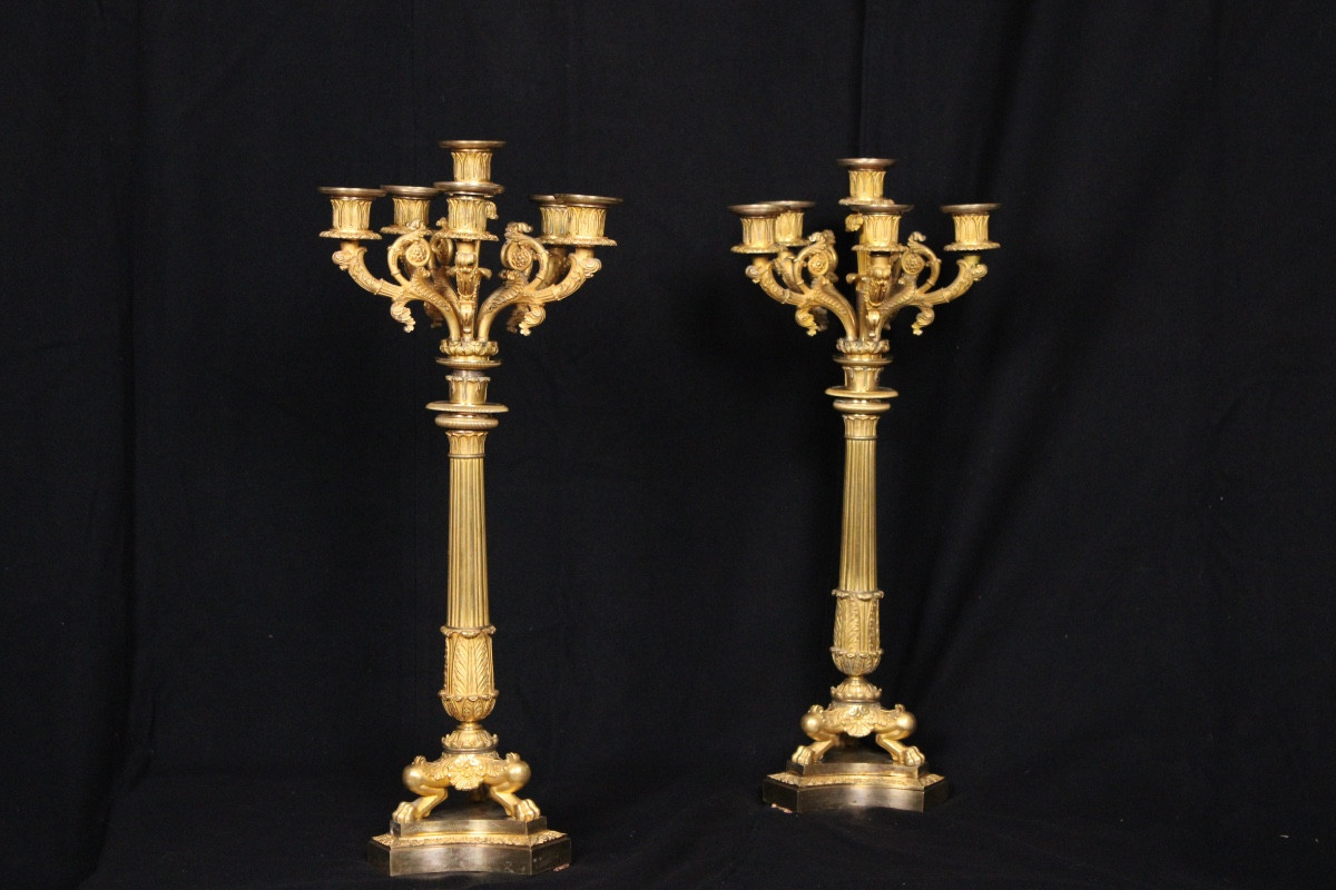 Pair Of 6-light Candelabras, In Gilded Bronze, From The 19th Louis-philippe Period
