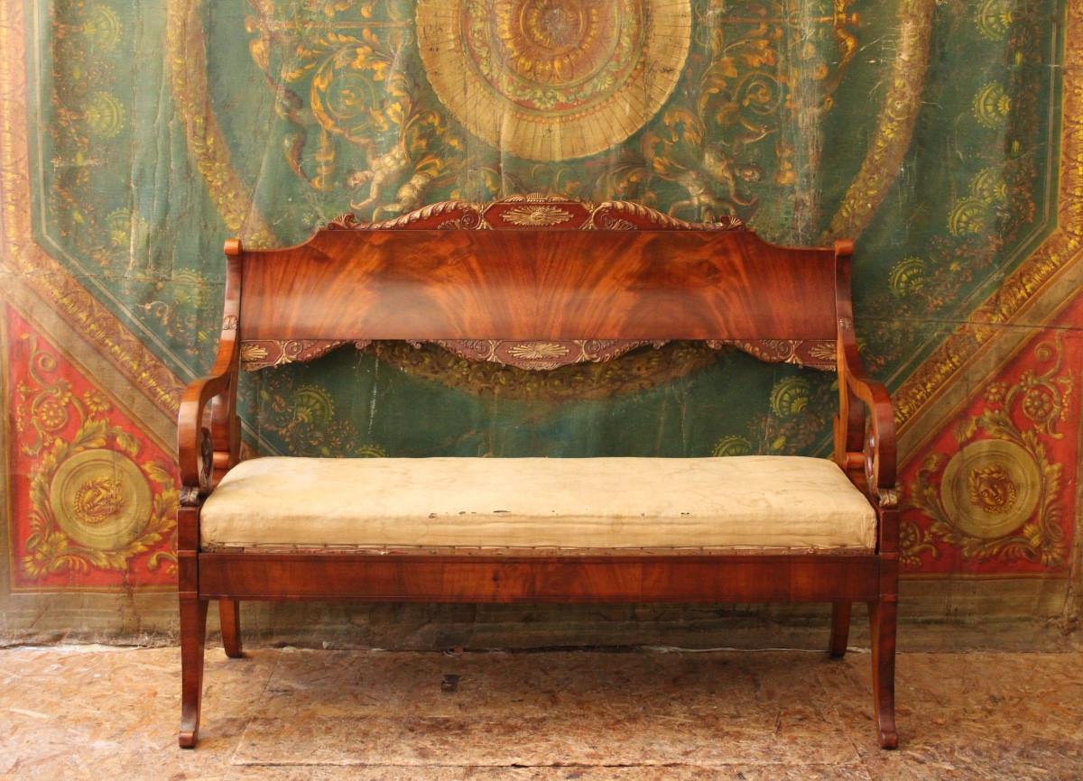 Russian Bench In Mahogany And Gilt Wood, Circa 1820-1830