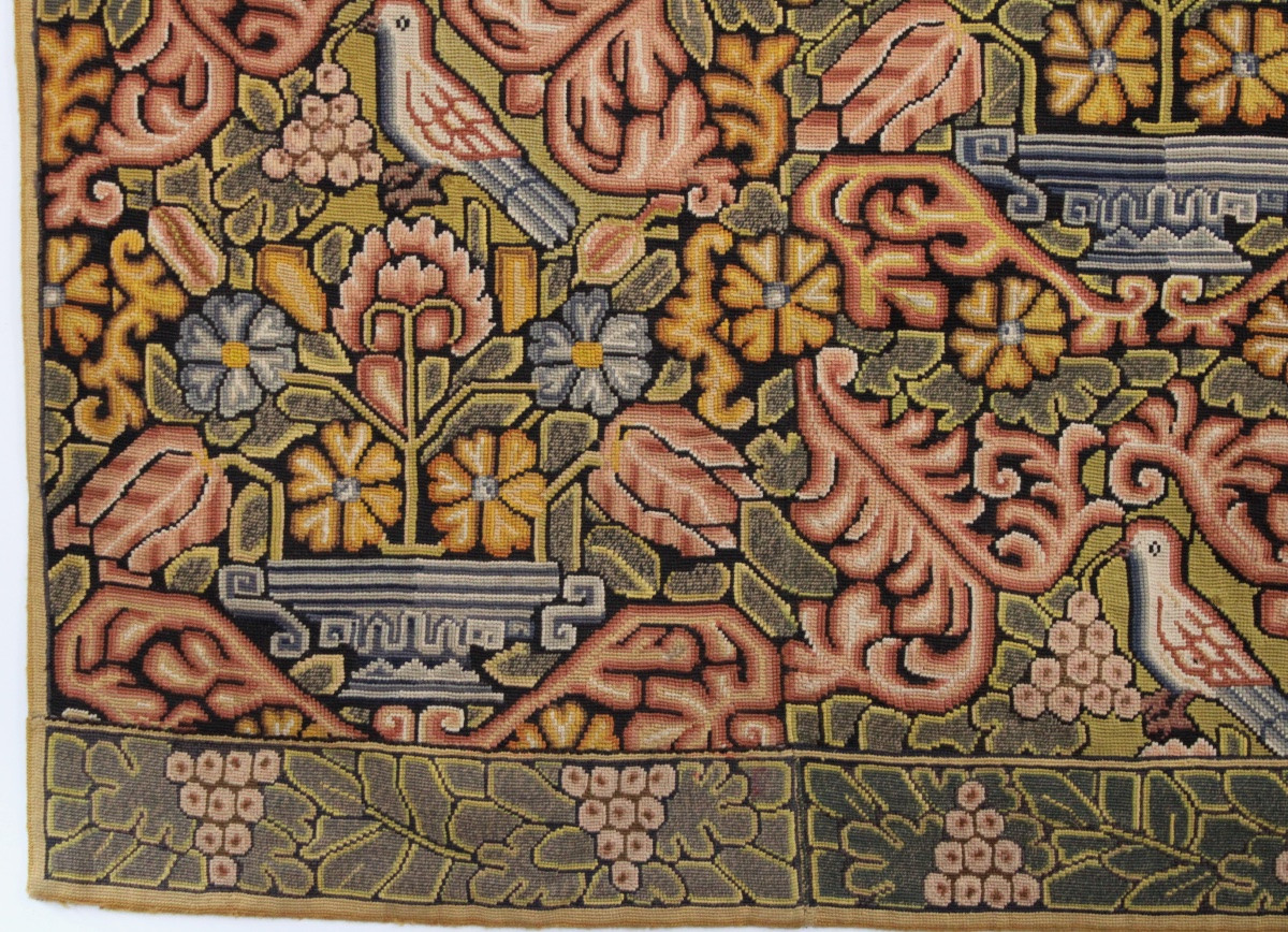 Needlepoint Tapestry, Floral Design Inhabited By Birds, England, Early 20th Century-photo-2