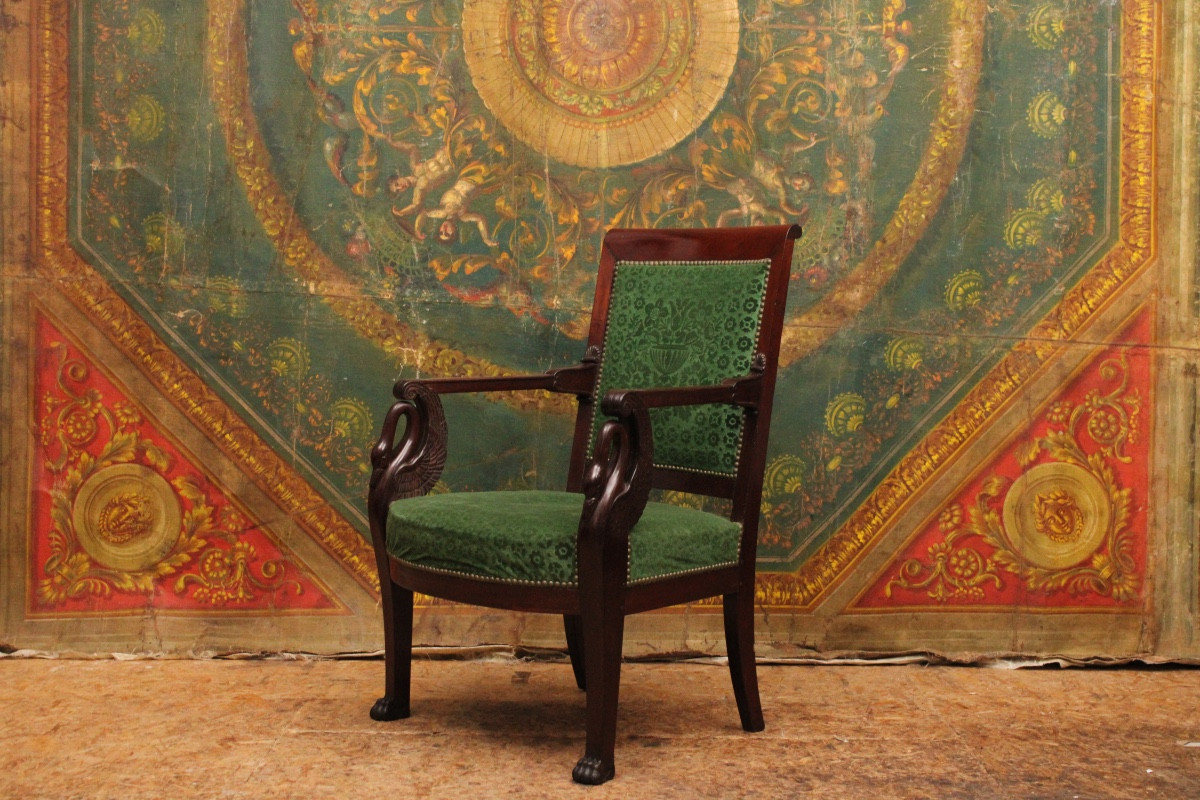 Mahogany Armchair With Swans, Empire Period, Circa 1810