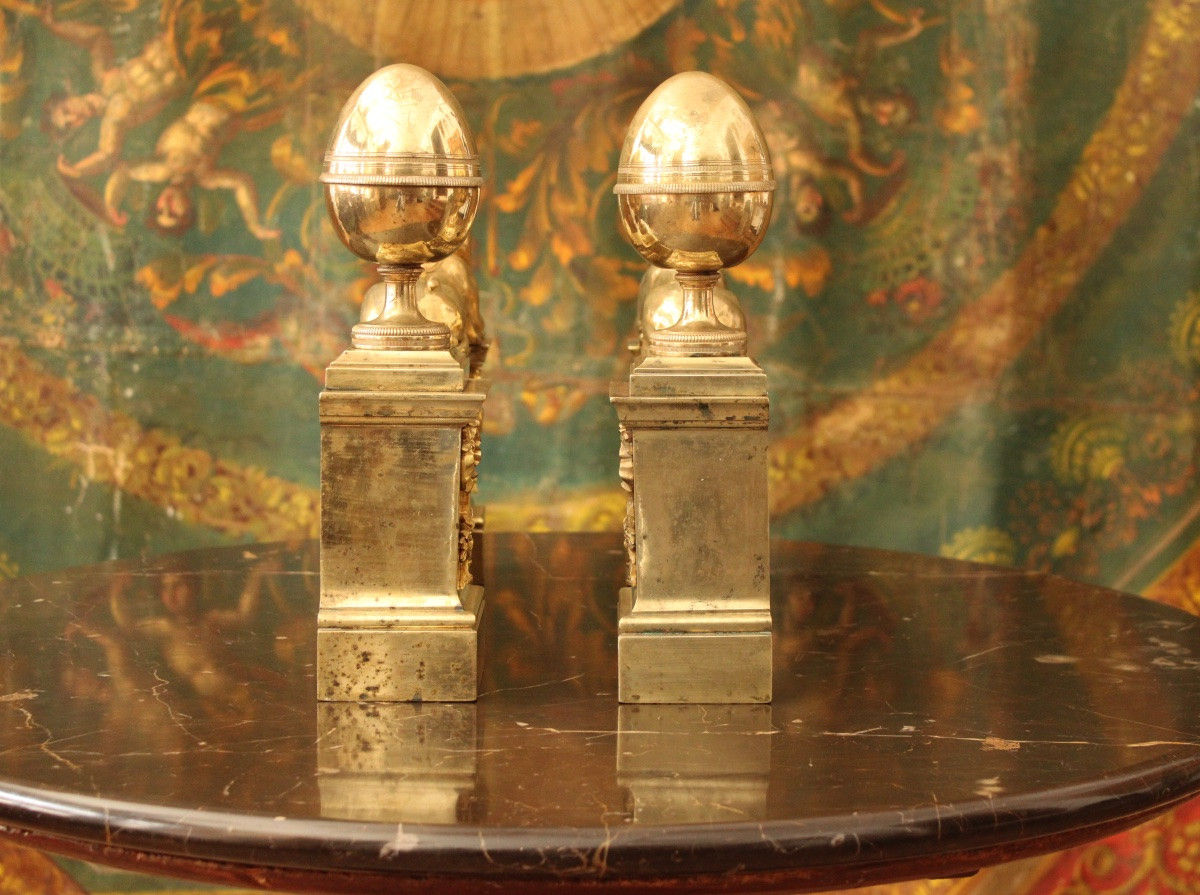 Paire de chenets en bronze doré d’époque Empire, XIXe s-photo-5