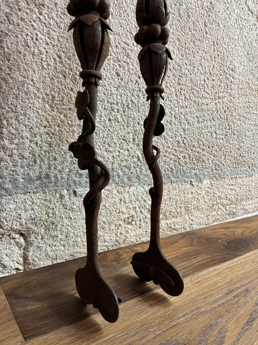 Wrought Iron Fireplace Set (tongs, Poker, Shovel), 20th C.-photo-4