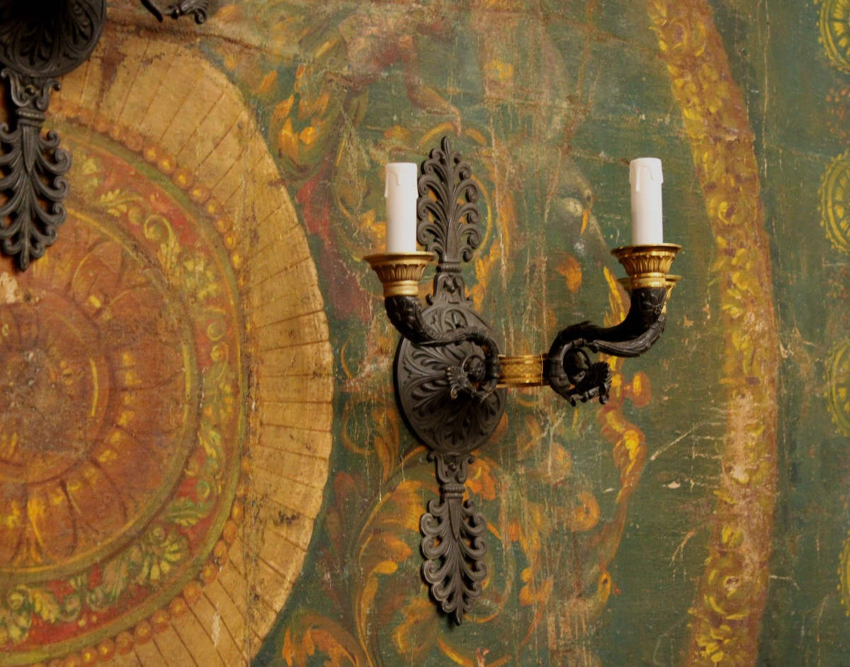  Suite Of 3 Empire-style Patinated And Gilt Bronze Sconces, 20th Century-photo-4