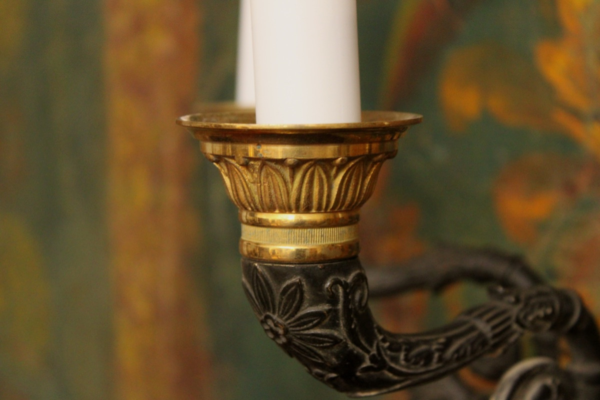  Suite Of 3 Empire-style Patinated And Gilt Bronze Sconces, 20th Century-photo-2