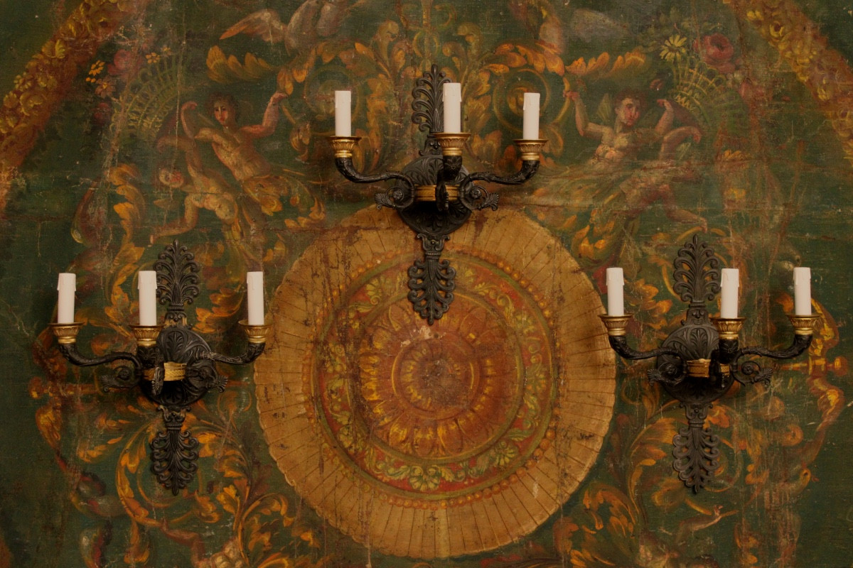  Suite Of 3 Empire-style Patinated And Gilt Bronze Sconces, 20th Century