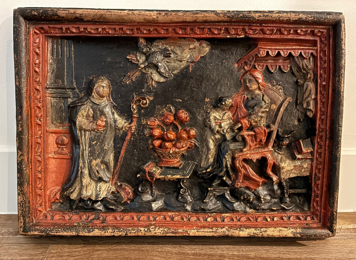Cadre en bois sculpté polychromé, "L'éducation de la Vierge par Sainte-Anne", XVIIIe s