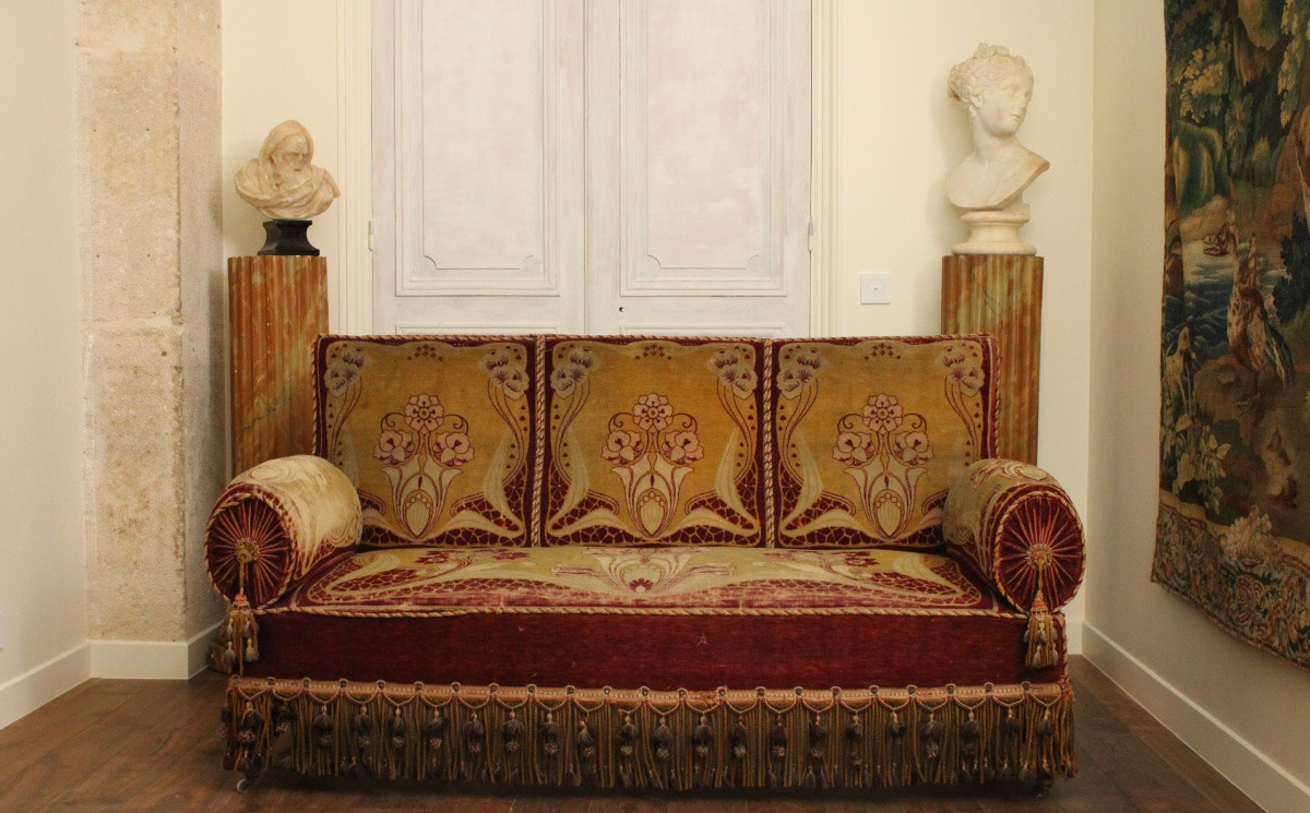 Art Nouveau Sofa In Velvet And Passementerie, 20th C-photo-2