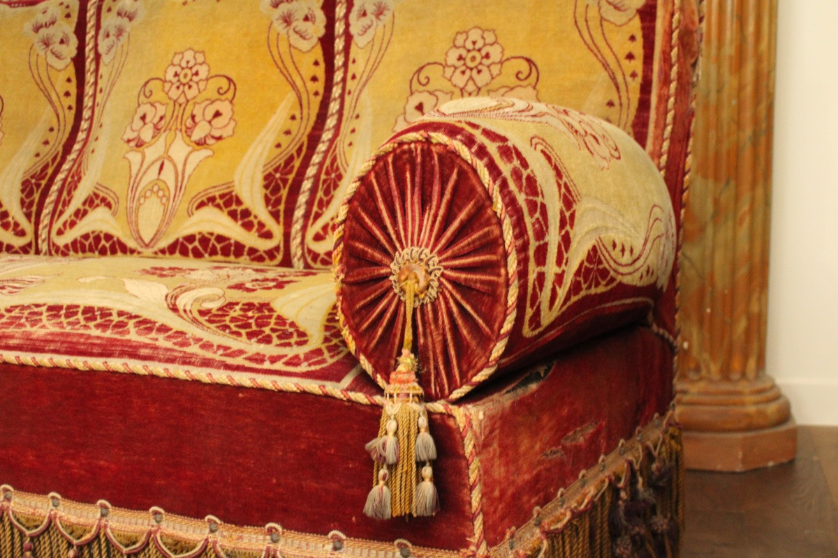  Art Nouveau Sofa In Velvet And Passementerie, 20th C-photo-3