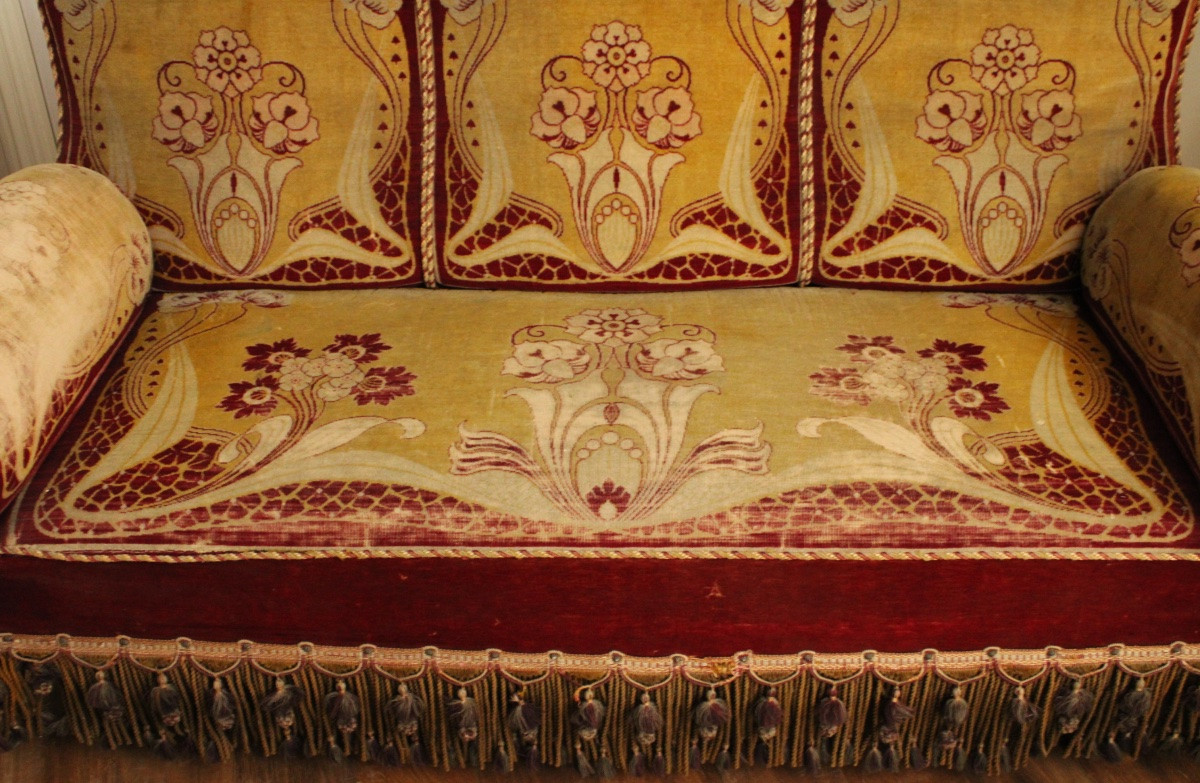  Art Nouveau Sofa In Velvet And Passementerie, 20th C-photo-4