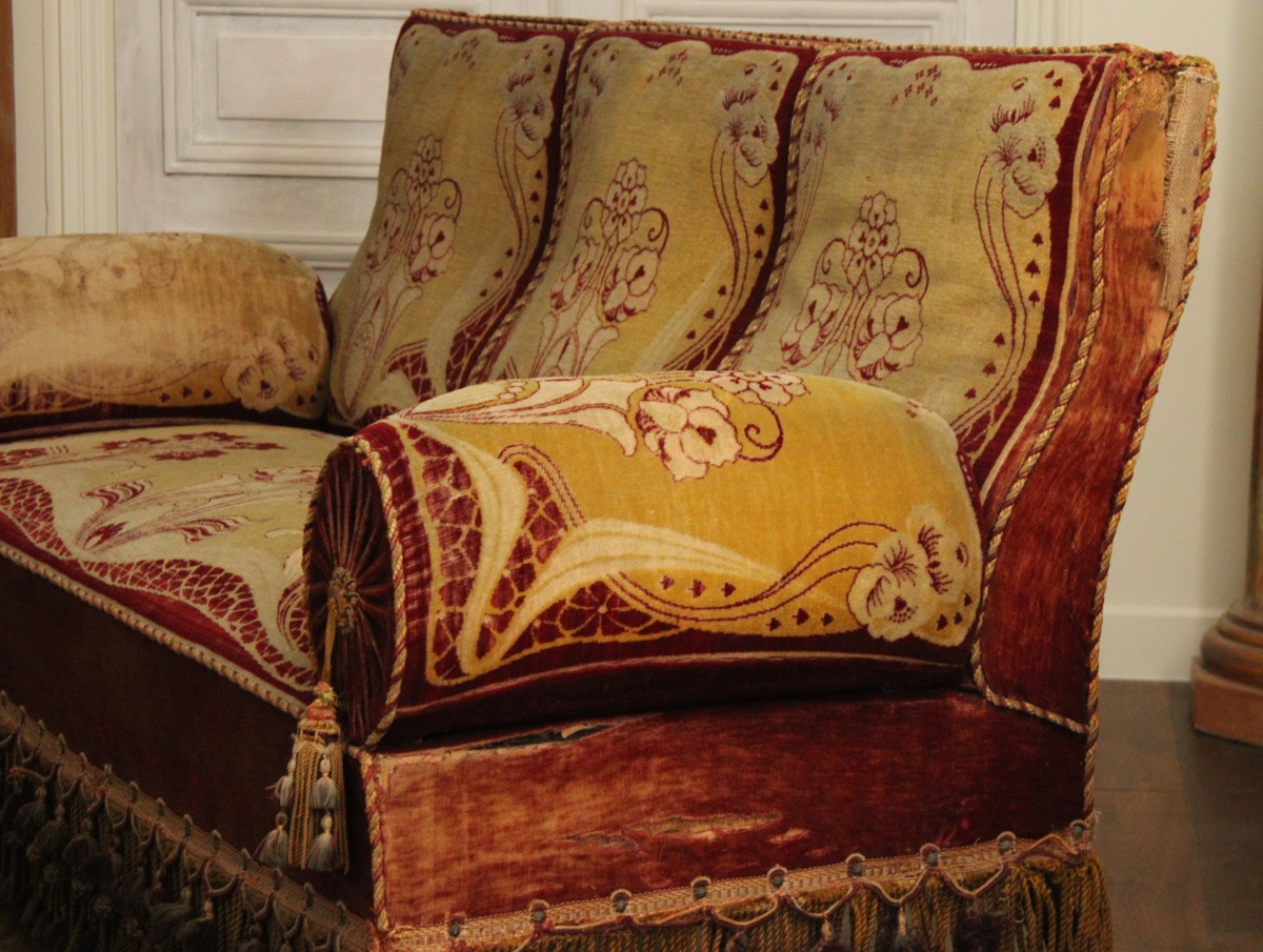 Art Nouveau Sofa In Velvet And Passementerie, 20th C-photo-3
