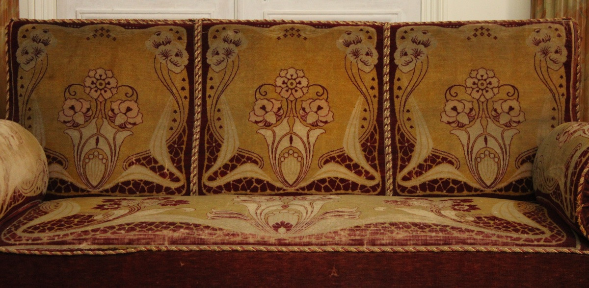  Art Nouveau Sofa In Velvet And Passementerie, 20th C-photo-4