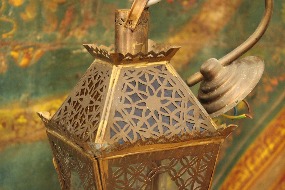 Brass And Glass Lantern, 20th Century-photo-3