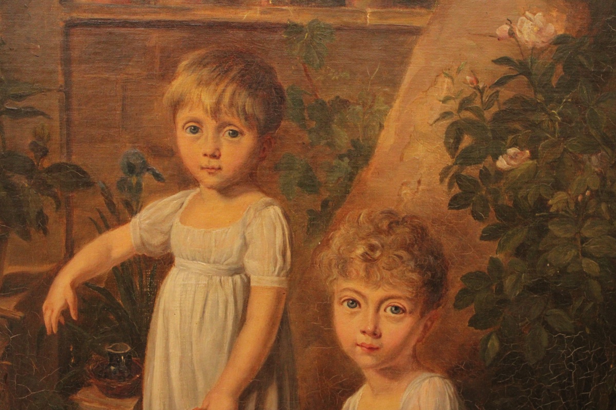 Peinture, huile sur toile, portrait d'enfants dans une basse-cour, XIXe s-photo-2