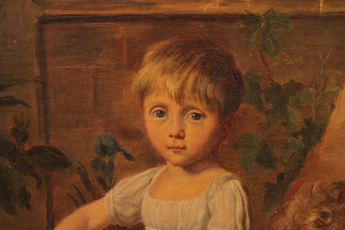 Peinture, huile sur toile, portrait d'enfants dans une basse-cour, XIXe s-photo-3