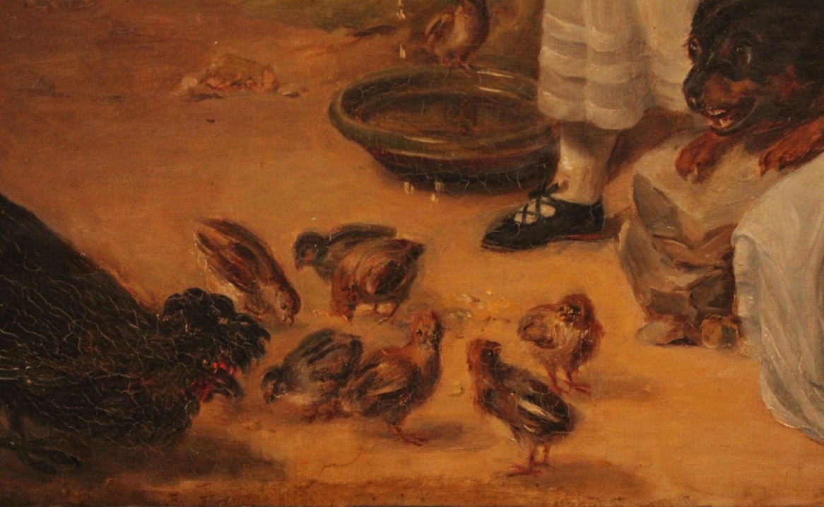 Peinture, huile sur toile, portrait d'enfants dans une basse-cour, XIXe s-photo-4